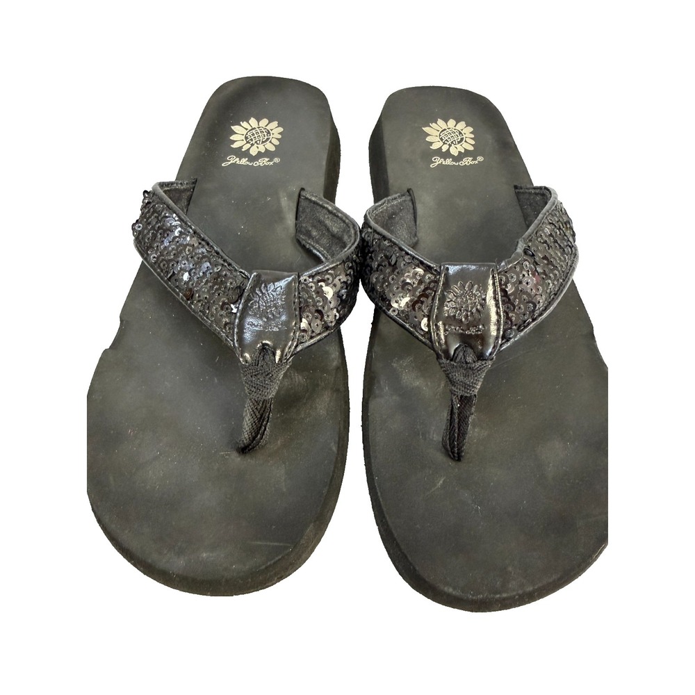 Yellow Box Black Sequin‎ Wedge Flip Flops Women's Size 9